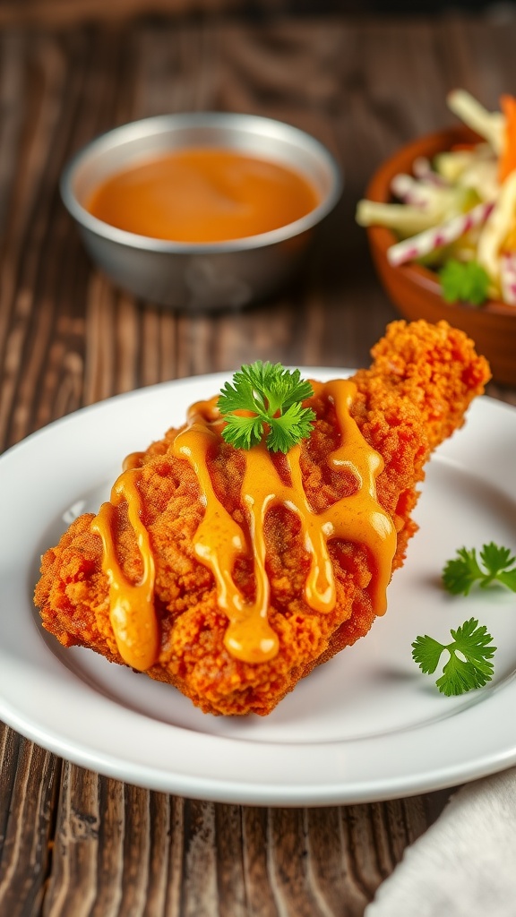 Crispy air fryer fried chicken on a plate with parsley and dipping sauce on a rustic table.